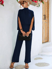 Solid Mock Neck Split Sleeve Jumpsuit