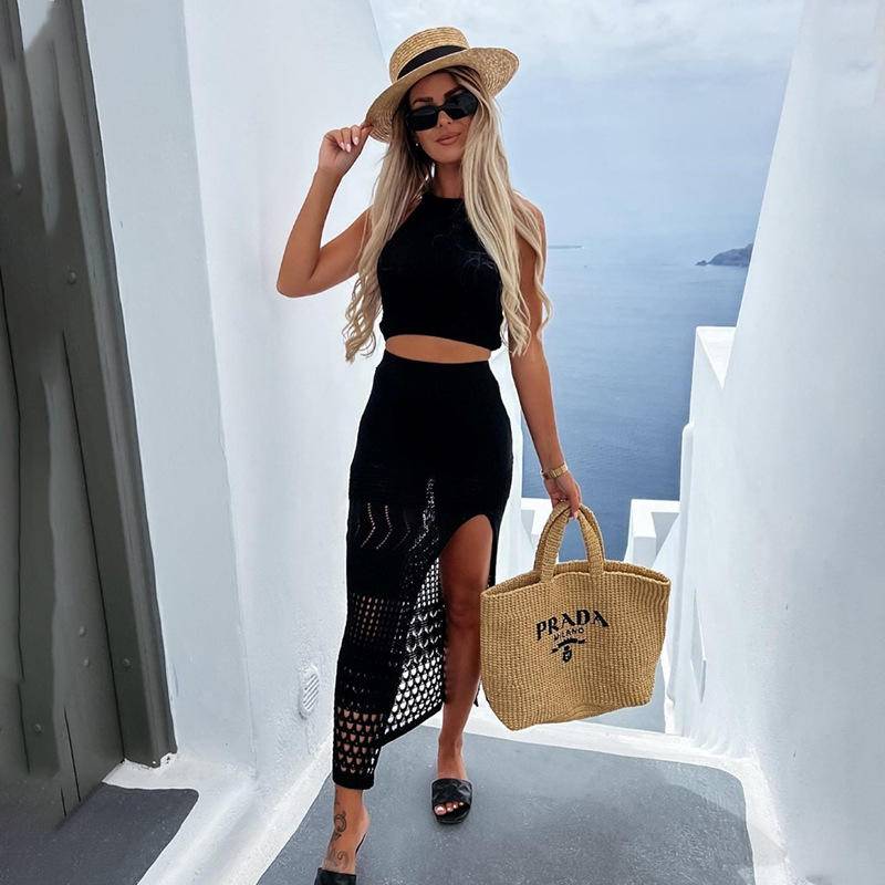 Openwork Sleeveless Halter Top & Split Dress Cover Up Set