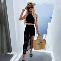 Openwork Sleeveless Halter Top & Split Dress Cover Up Set