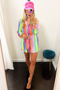 Multicolor Rainbow Stripe Crinckle Shirt And Shorts Outfit