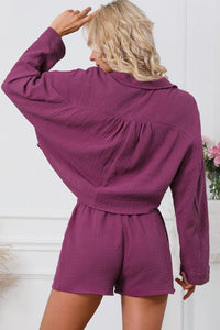 Textured Dolman Sleeve Cropped Shirt And Shorts Set