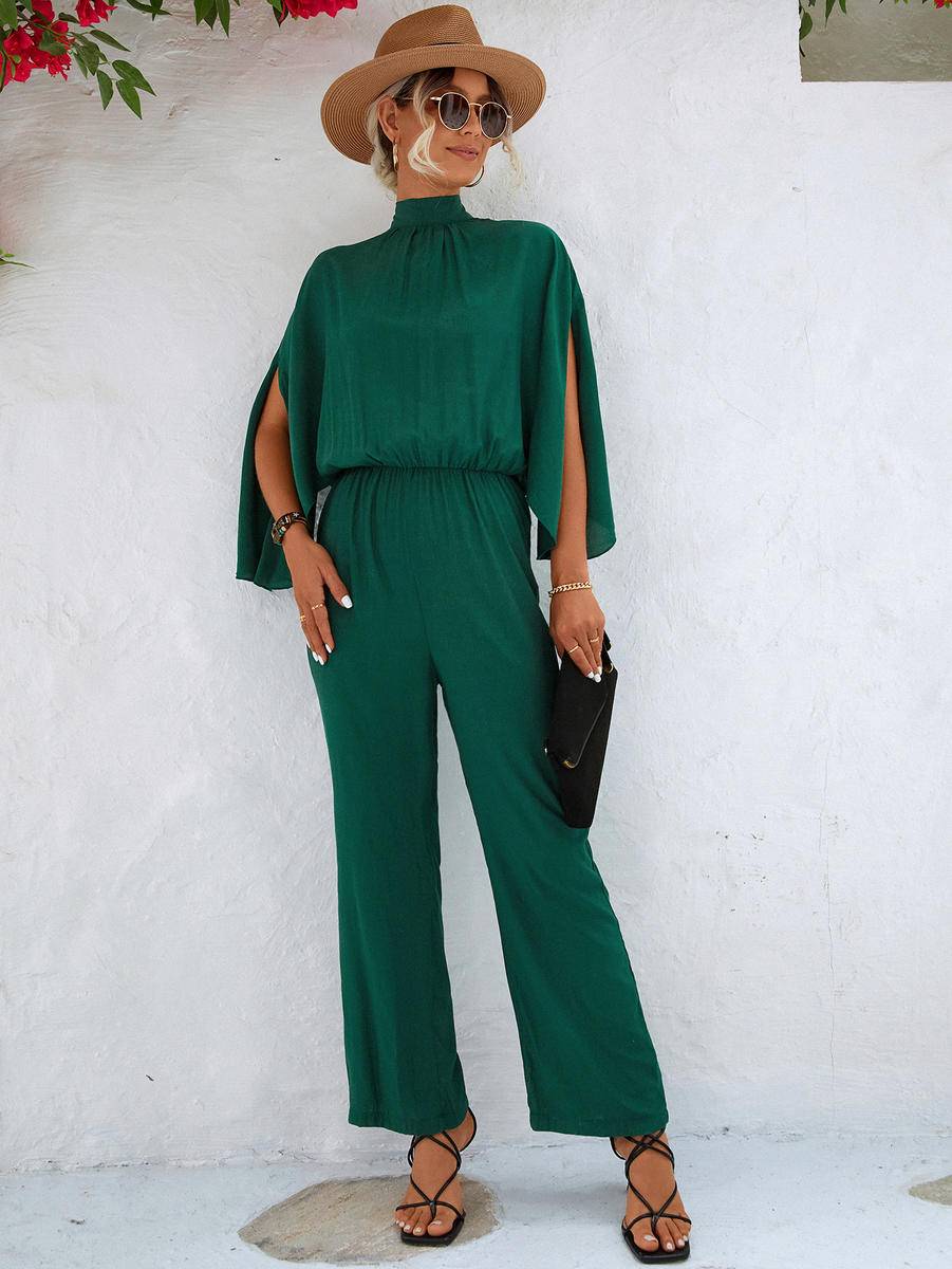 Solid Mock Neck Split Sleeve Jumpsuit