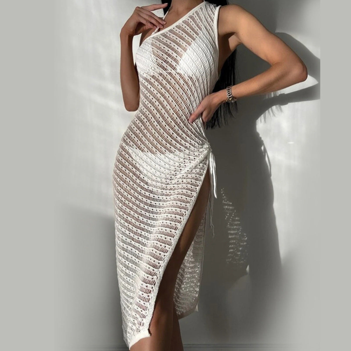 Solid One-Shoulder Eyelet Split Cover up Dress