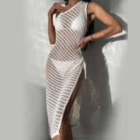 Solid One-Shoulder Eyelet Split Cover up Dress