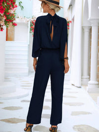 Solid Mock Neck Split Sleeve Jumpsuit