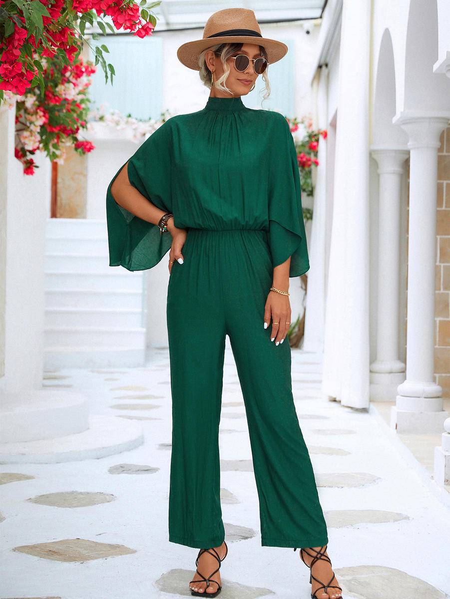 Solid Mock Neck Split Sleeve Jumpsuit