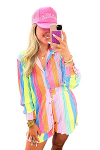 Multicolor Rainbow Stripe Crinckle Shirt And Shorts Outfit