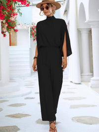 Solid Mock Neck Split Sleeve Jumpsuit