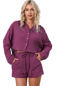 Textured Dolman Sleeve Cropped Shirt And Shorts Set