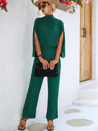 Solid Mock Neck Split Sleeve Jumpsuit