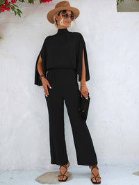 Solid Mock Neck Split Sleeve Jumpsuit