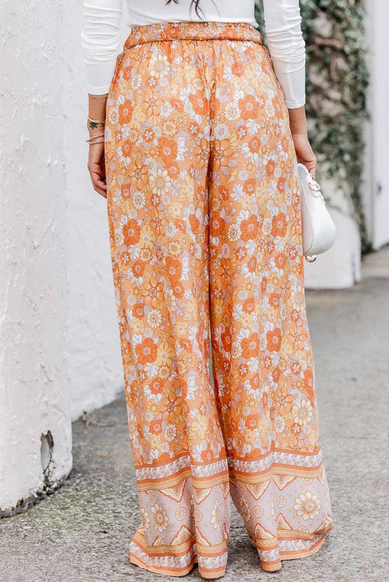 Tie Waist Boho Floral Wide Leg Pants