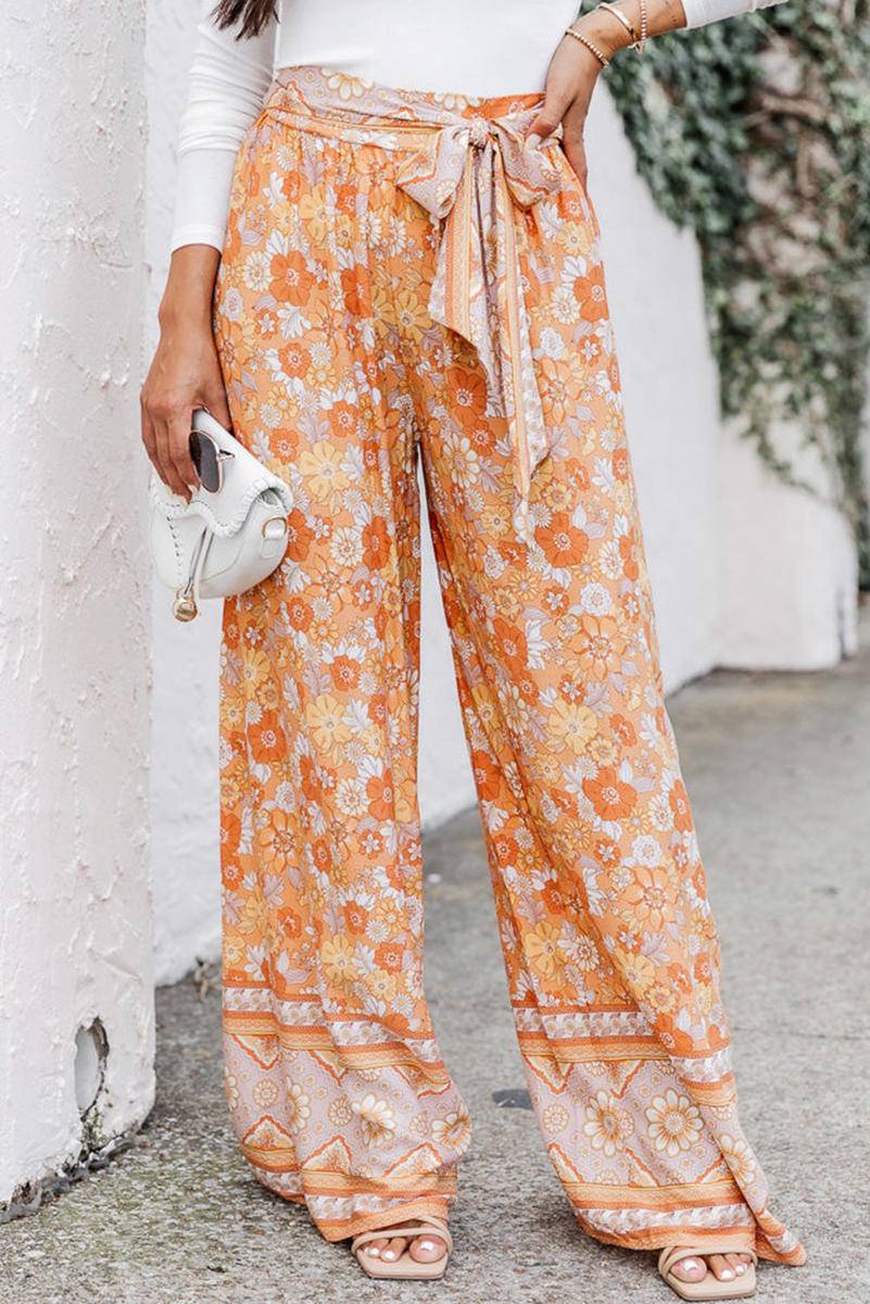 Tie Waist Boho Floral Wide Leg Pants