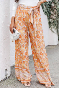 Tie Waist Boho Floral Wide Leg Pants