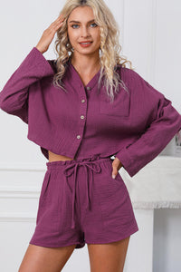 Textured Dolman Sleeve Cropped Shirt And Shorts Set