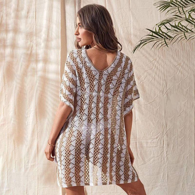 Sexy Striped V-neck Openwork Side Slit Cover Up