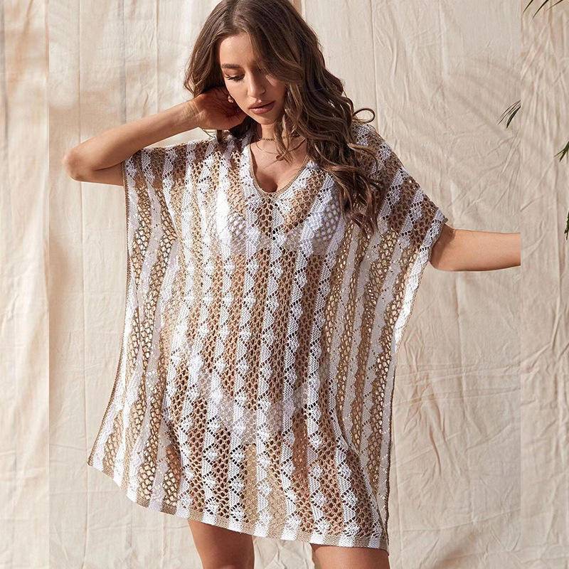 Sexy Striped V-neck Openwork Side Slit Cover Up