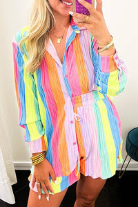 Multicolor Rainbow Stripe Crinckle Shirt And Shorts Outfit