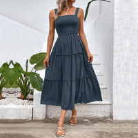 Solid Smocked Sleeveless Tiered Tank Dress
