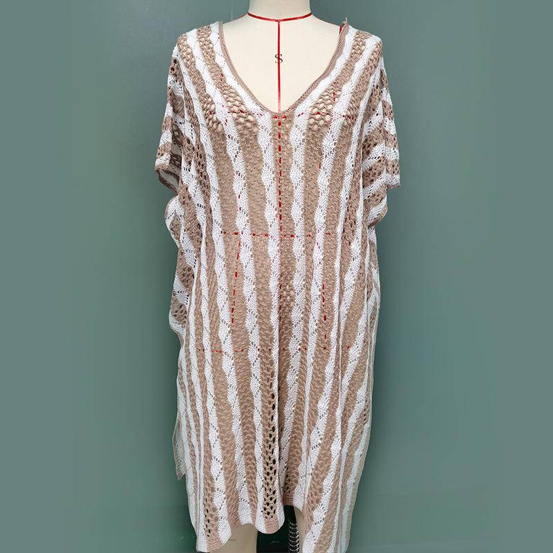 Sexy Striped V-neck Openwork Side Slit Cover Up