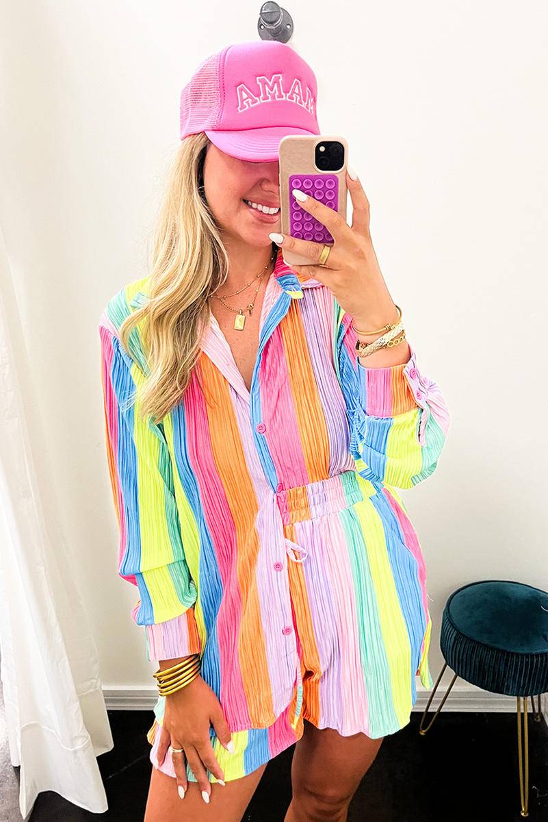 Multicolor Rainbow Stripe Crinckle Shirt And Shorts Outfit