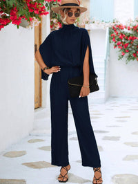 Solid Mock Neck Split Sleeve Jumpsuit