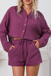 Textured Dolman Sleeve Cropped Shirt And Shorts Set
