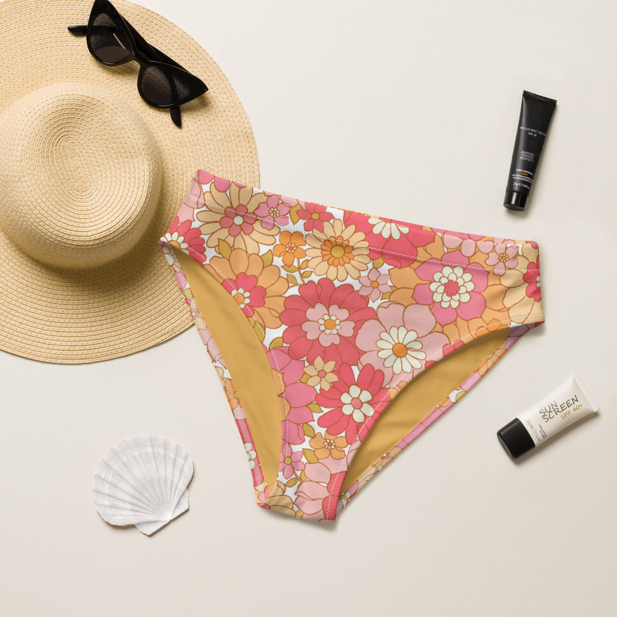 MIAMI ECO HIGH WAISTED BIKINI BOTTOM | RETRO BLOOMS - PINKCOLADA